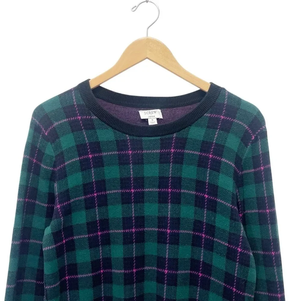 J. Crew Tartan Teddie Sweater Size Small Academic Green Plum Plaid Cotton Jumper